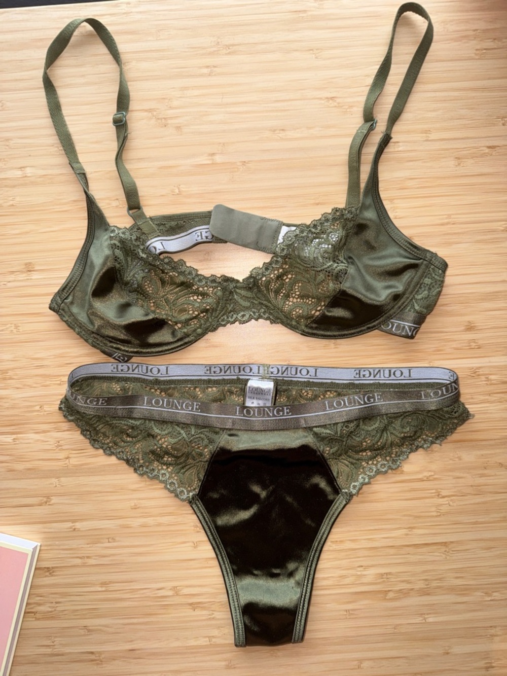 Lounge Underwire Lace (34B) & Satin Bralette and Panty Set (M) in Olive Green